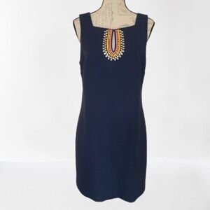 Trina Turk Wmn's 10 Bay Heights Indigo Cotton Blend Shift Dress Beaded